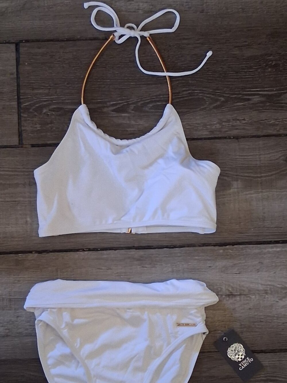 Vince Camuto White Bikini Gold High Neck  / Waist XS NEW